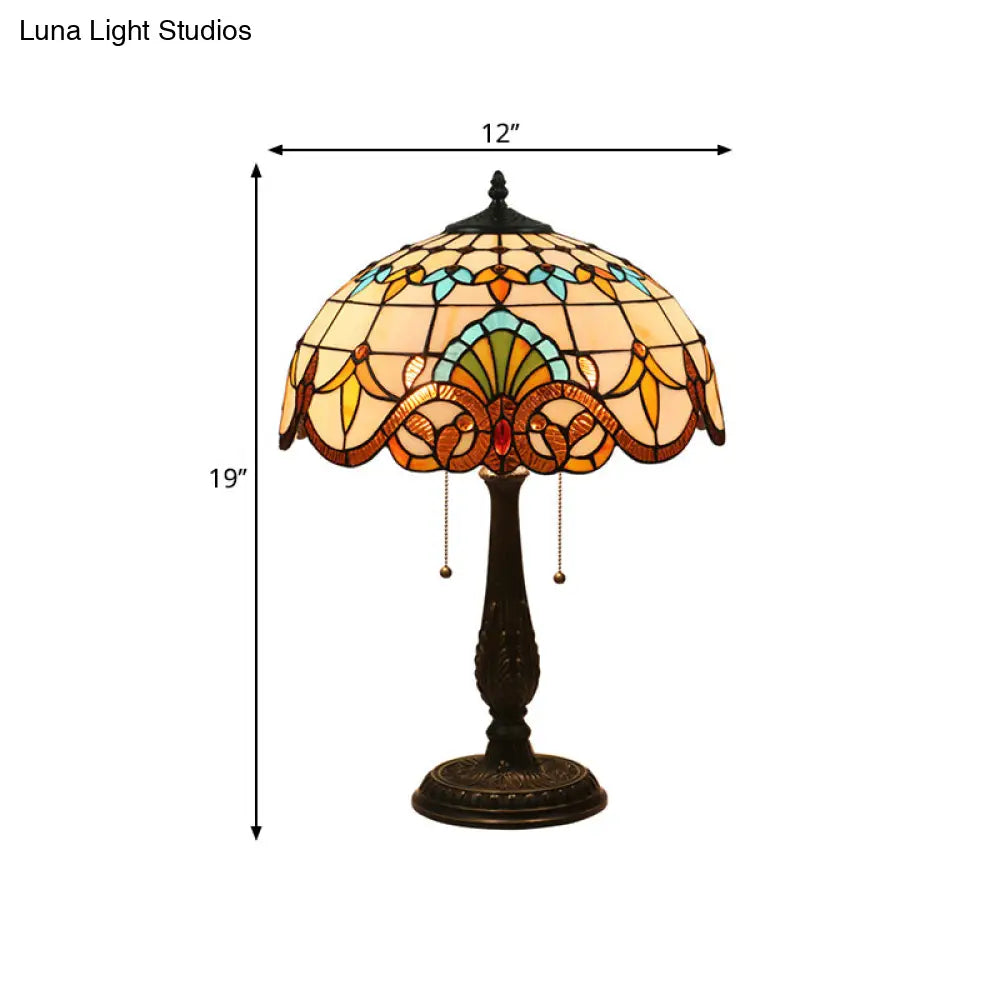 Tiffany Stained Glass Flower Night Table Light - Antique Brass 1-Light Nightstand For Living Room