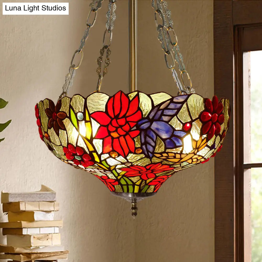 Tiffany Stained Glass Flower Semi-Flush Ceiling Light With 3 Red Heads