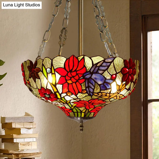 Tiffany Stained Glass Flower Semi-Flush Ceiling Light With 3 Red Heads