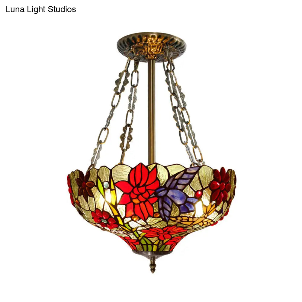 Tiffany Stained Glass Flower Semi-Flush Ceiling Light With 3 Red Heads
