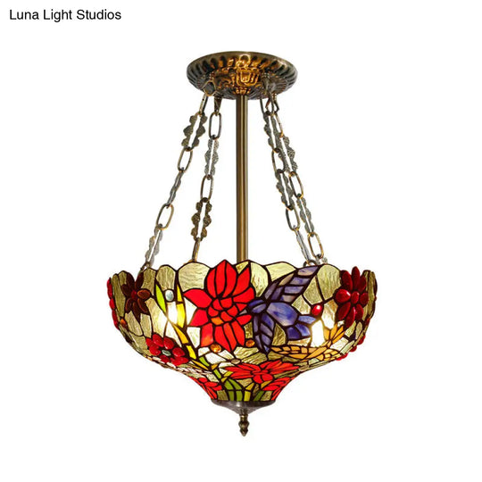 Tiffany Stained Glass Flower Semi-Flush Ceiling Light With 3 Red Heads