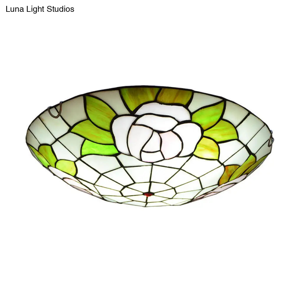 Tiffany Stained Glass Flush Ceiling Light For Bedroom - Bowl Shaped Flushmount Lighting