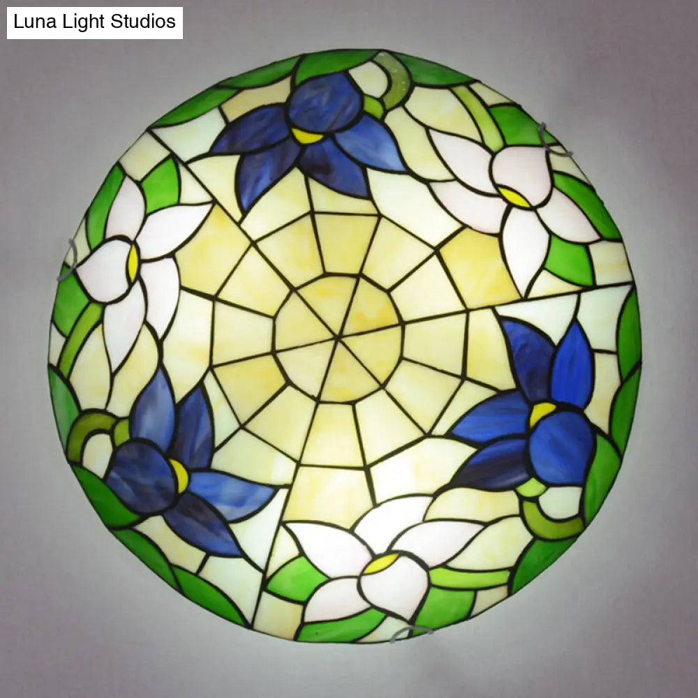 Tiffany Stained Glass Flush Ceiling Light For Bedroom - Bowl Shaped Flushmount Lighting Dark Blue /