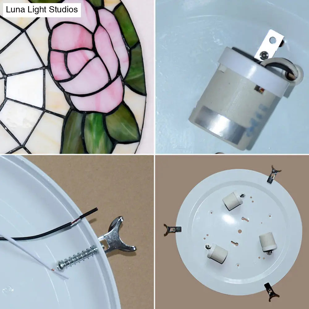 Tiffany Stained Glass Flush Ceiling Light For Bedroom - Bowl Shaped Flushmount Lighting