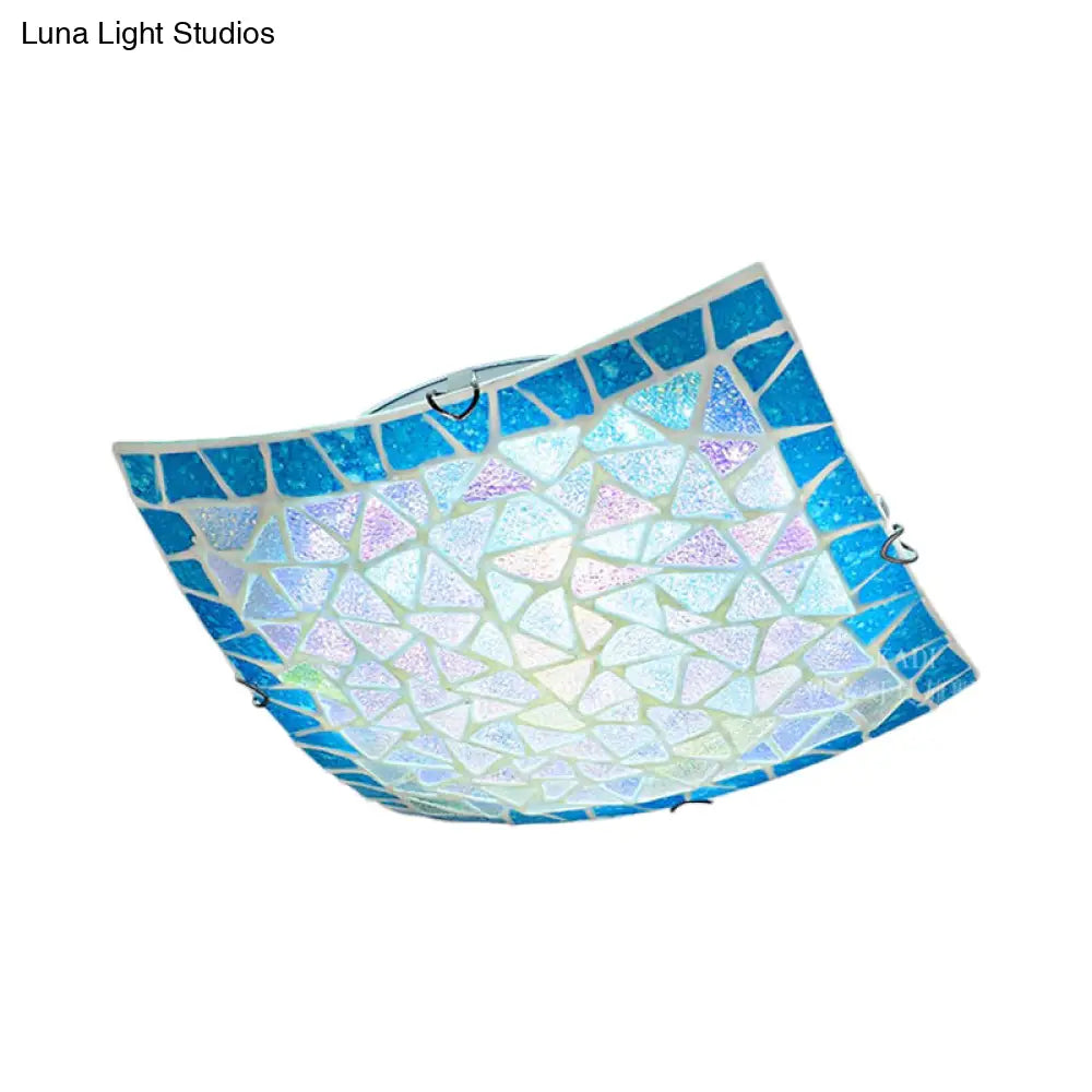 Tiffany Stained Glass Flush Light With Blue/White Convex Design - Perfect For Living Room