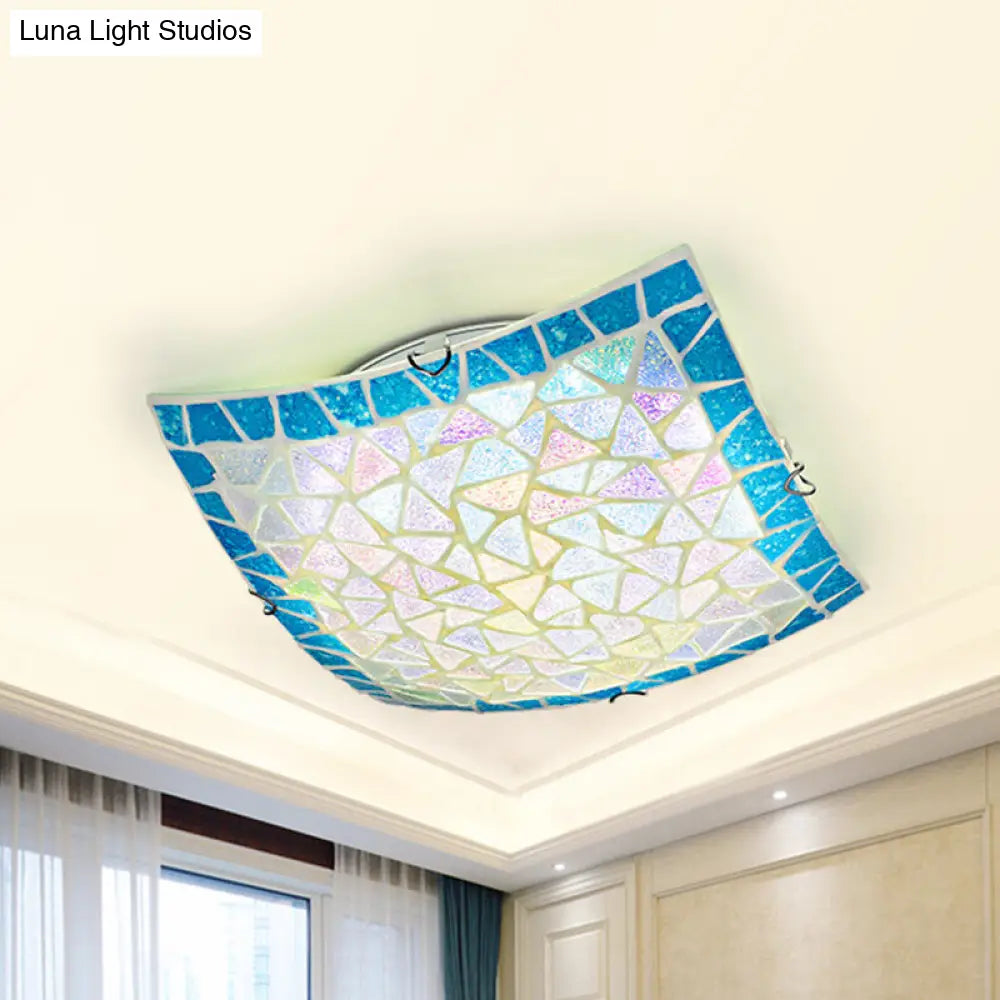 Tiffany Stained Glass Flush Mount Light - Blue/White Square Design 12/16 Width Perfect For Living