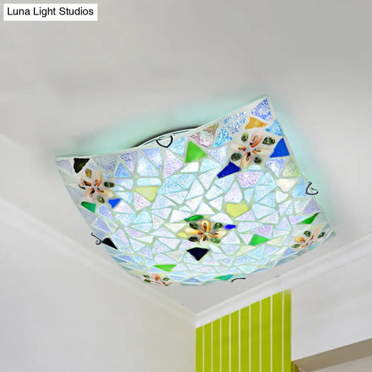 Tiffany Stained Glass Flush Mount Light - Blue/White Square Design 12/16 Width Perfect For Living