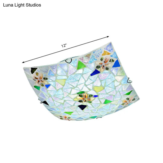 Tiffany Stained Glass Flush Light With Blue/White Convex Design - Perfect For Living Room