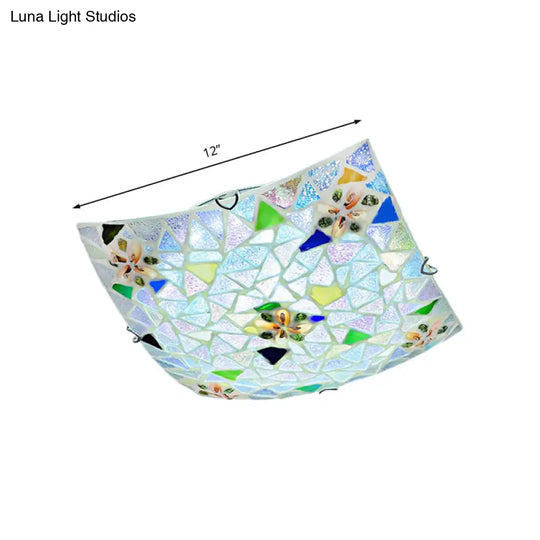 Tiffany Stained Glass Flush Mount Light - Blue/White Square Design 12/16 Width Perfect For Living