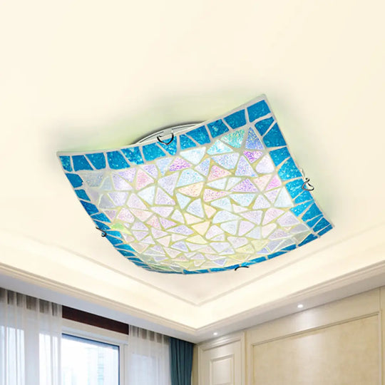 Tiffany Stained Glass Flush Light With Blue/White Convex Design - Perfect For Living Room