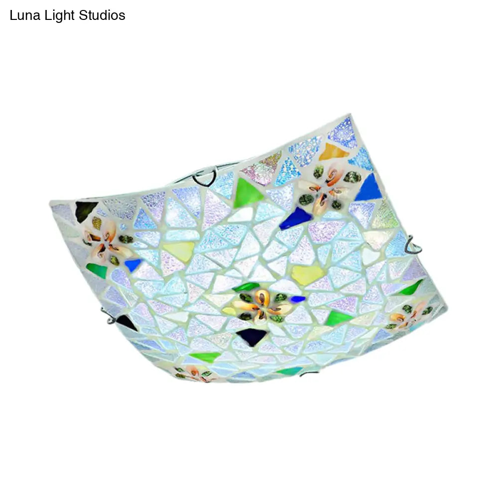 Tiffany Stained Glass Flush Light With Blue/White Convex Design - Perfect For Living Room