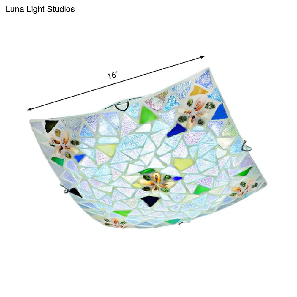 Tiffany Stained Glass Flush Mount Light - Blue/White Square Design 12/16 Width Perfect For Living