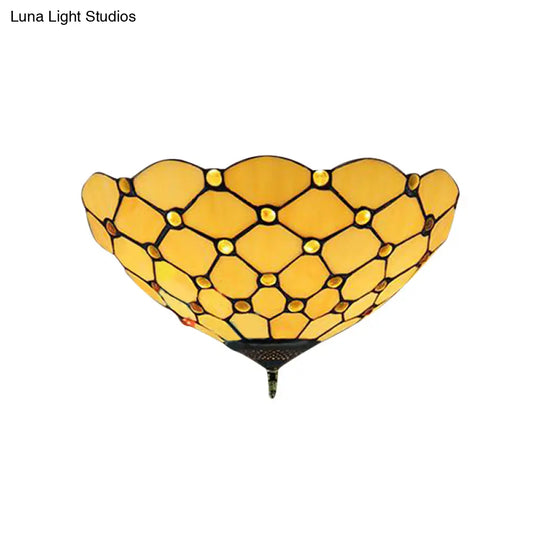 Tiffany Stained Glass Flush Mount Ceiling Light - Bowl Shape 1 Head Yellow Fixture