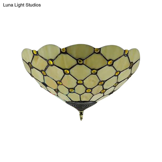 Tiffany Stained Glass Flush Mount Ceiling Light - Bowl Shape 1 Head Yellow Fixture