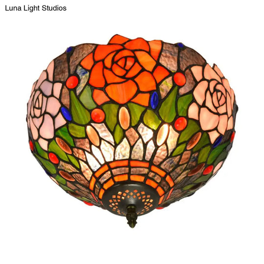 Tiffany Stained Glass Flush Mount Ceiling Light - Multicolored Brass Blossom Fixture 2 Bulb