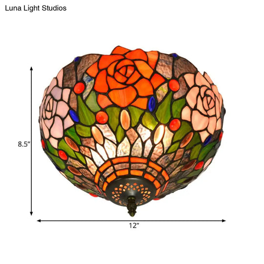Tiffany Stained Glass Flush Mount Ceiling Light - Multicolored Brass Blossom Fixture 2 Bulb