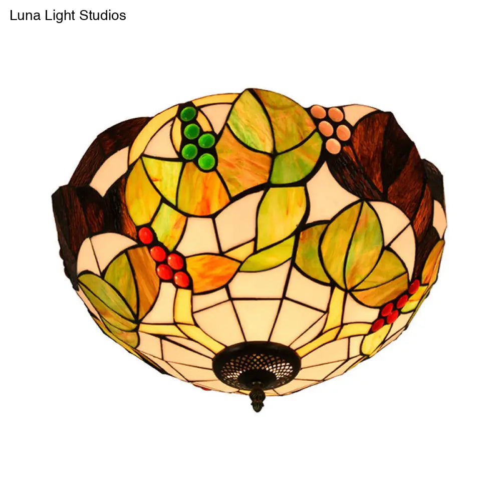Tiffany Stained Glass Flush Mount Lighting - Handcrafted Bowl Design With 2/3 Bulb Options