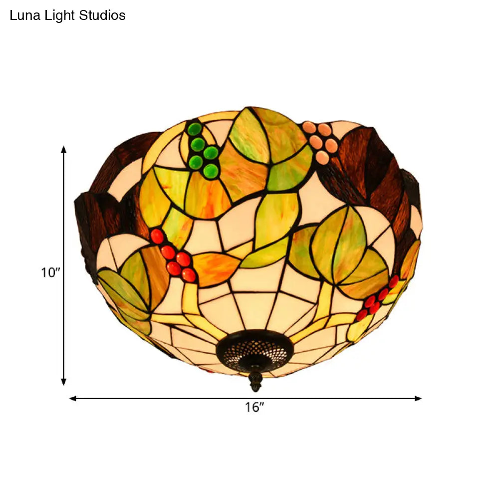 Tiffany Stained Glass Flush Mount Lighting - Handcrafted Bowl Design With 2/3 Bulb Options