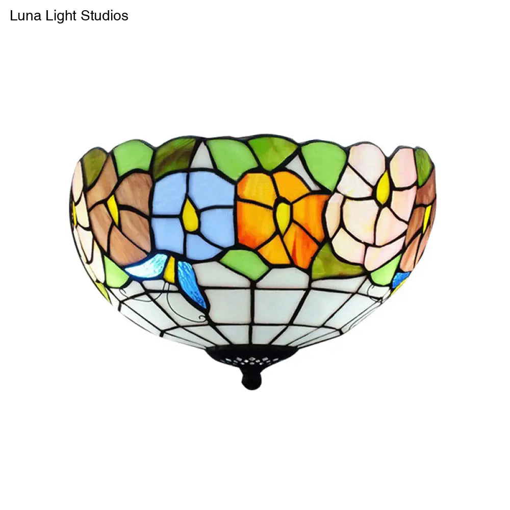 Tiffany Stained Glass Flush Mount Lighting With Flower And Butterfly Pattern In White - Bowl Shade