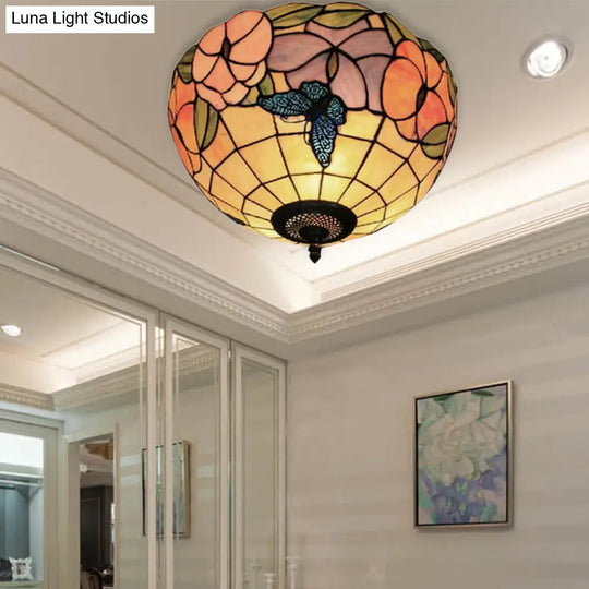 Tiffany Stained Glass Flush Mount Lighting With Flower And Butterfly Pattern In White - Bowl Shade /