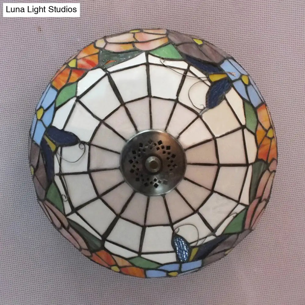 Tiffany Stained Glass Flush Mount Lighting With Flower And Butterfly Pattern In White - Bowl Shade