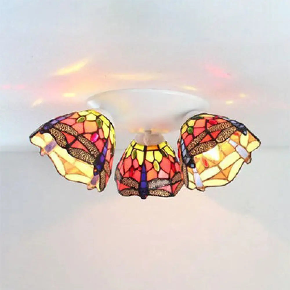 Tiffany Stained Glass Flushmount Ceiling Light With Beige/Orange Dome - Ideal For Bedrooms Orange