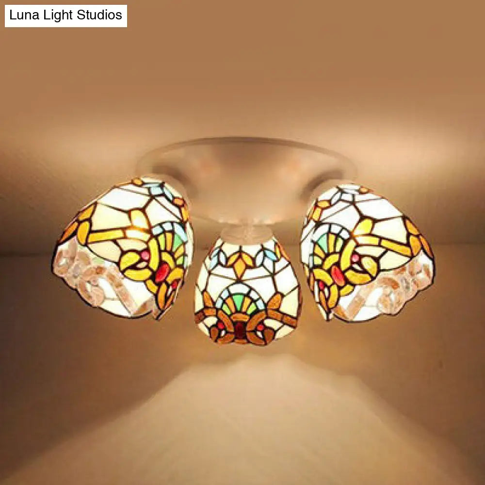 Tiffany Stained Glass Flushmount Ceiling Light With Beige/Orange Dome - Ideal For Bedrooms Beige