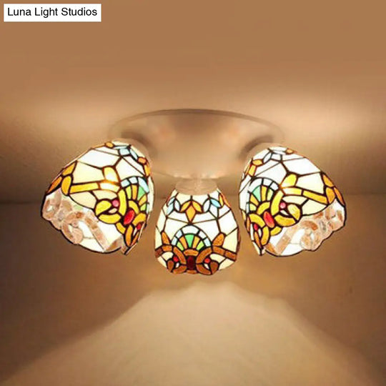 Tiffany Stained Glass Flushmount Ceiling Light With Beige/Orange Dome - Ideal For Bedrooms Beige