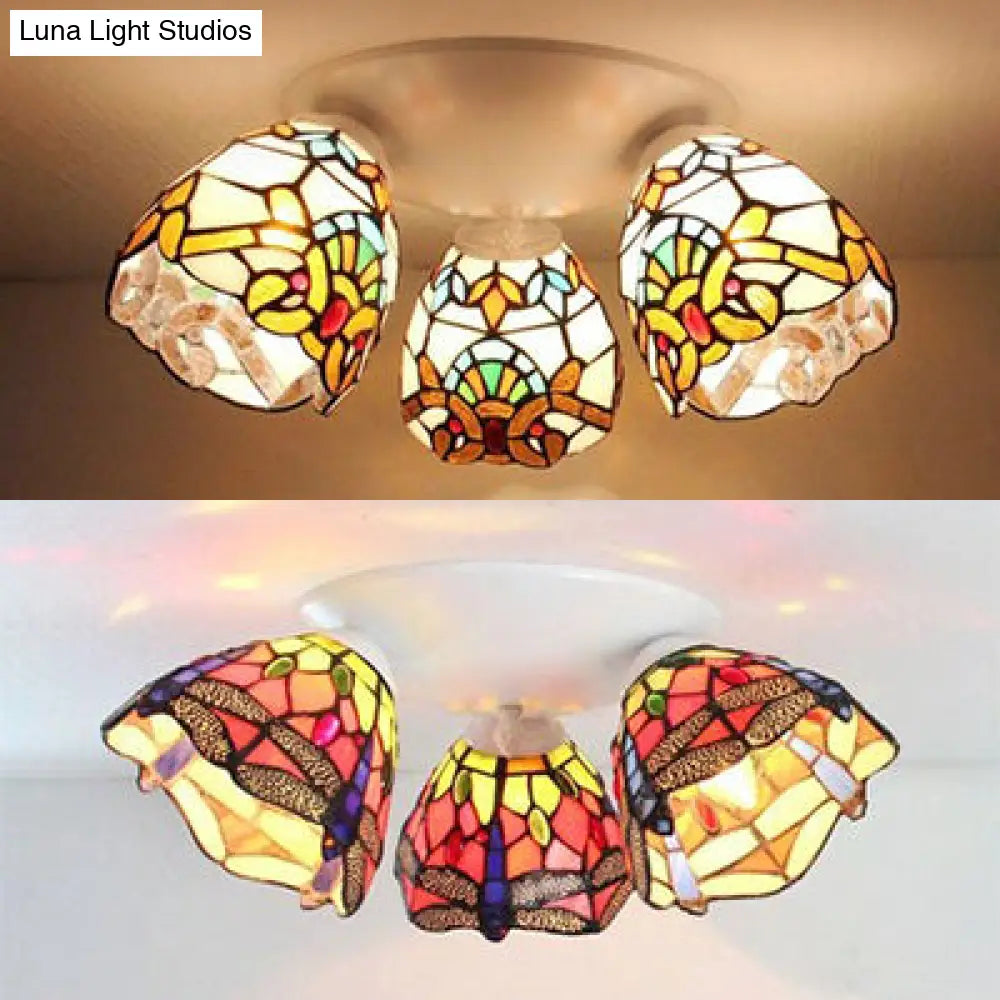 Tiffany Stained Glass Flushmount Ceiling Light With Beige/Orange Dome - Ideal For Bedrooms