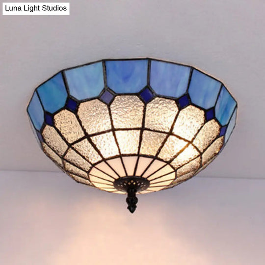 Tiffany Stained Glass Flushmount Light With 2 Beige Clear And Blue Lights For Your Bathroom