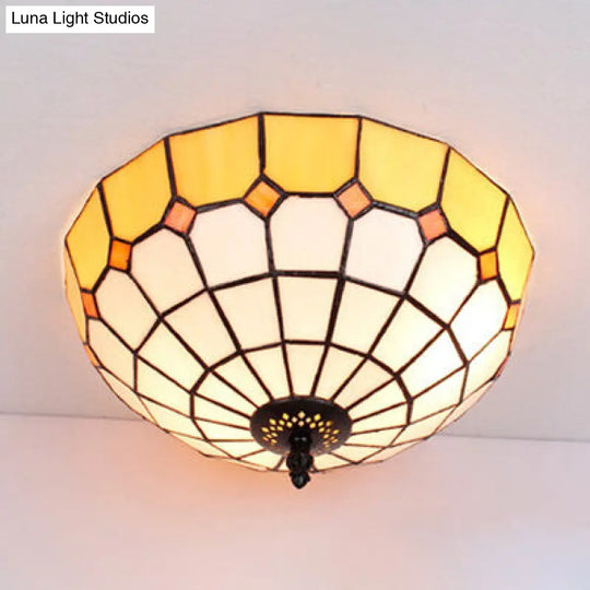 Tiffany Stained Glass Flushmount Light With 2 Beige Clear And Blue Lights For Your Bathroom