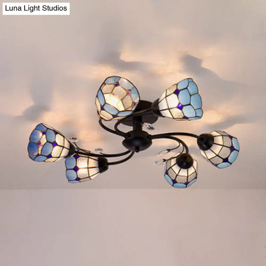 Tiffany Stained Glass Flushmount Light With 6 Bowls In Orange/Blue - Ideal For Living Room