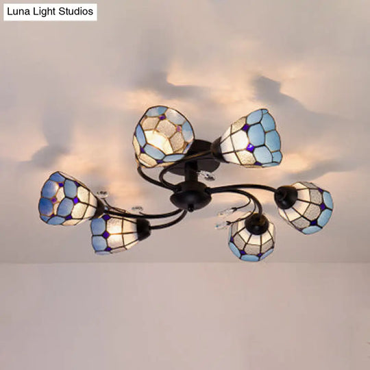 Tiffany Stained Glass Semi Flushmount Light For Living Room - 6 Lights Bowl Flush In Orange/Blue