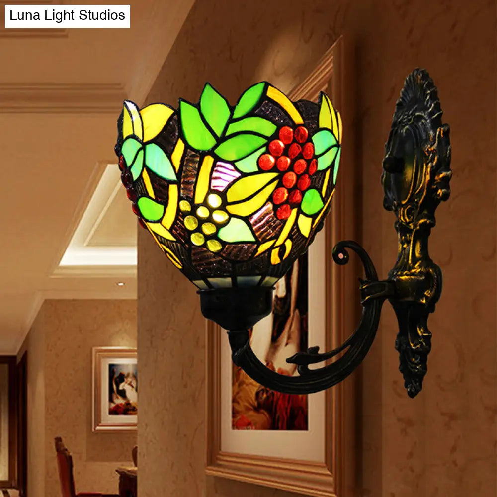 Tiffany Stained Glass Grape Pattern Wall Sconce - Green/White/Black