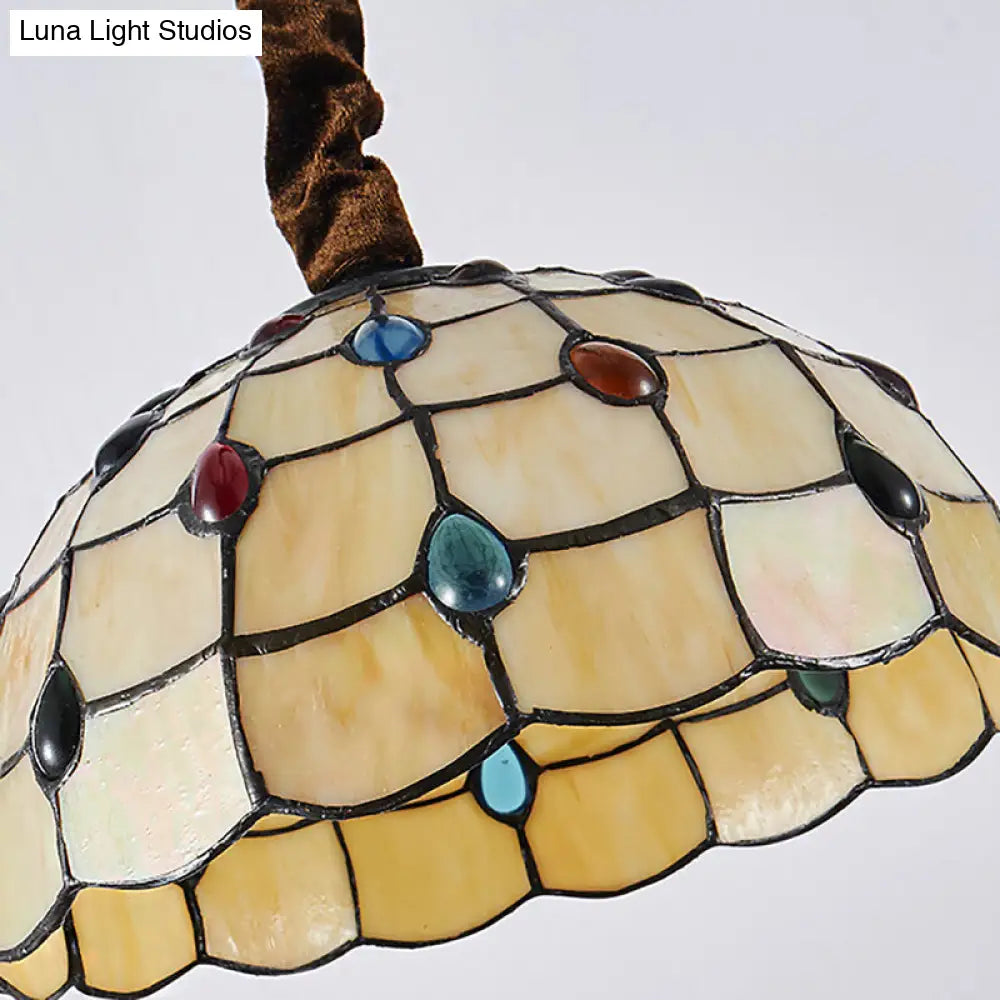 Tiffany Stained Glass Hanging Lamp - 12’ Or 16’ Wide Bowl 1 Bulb Beige Color Colorful Bead Accents