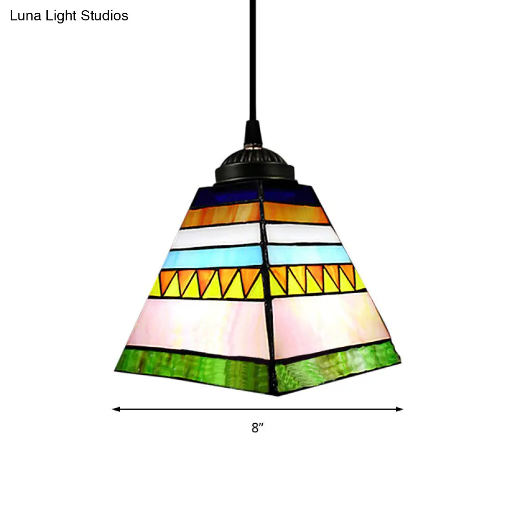 Tiffany Stained Glass Hanging Pendant Light - Yellow/Pink Pyramid Design