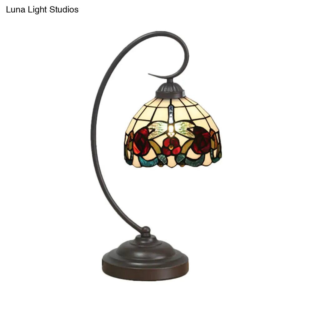 Tiffany Stained Glass Nightstand Lamp - Dome Shaped Night Table Light With Butterfly And Flower