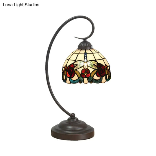 Tiffany Stained Glass Nightstand Lamp - Dome Shaped Night Table Light With Butterfly And Flower