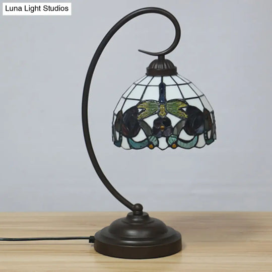 Tiffany Stained Glass Nightstand Lamp - Dome Shaped Night Table Light With Butterfly And Flower