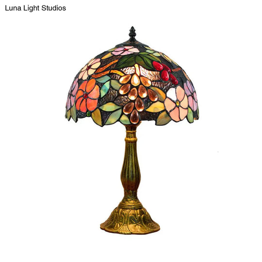 Tiffany Stained Glass Nightstand Lamp With Flower And Grape Pattern