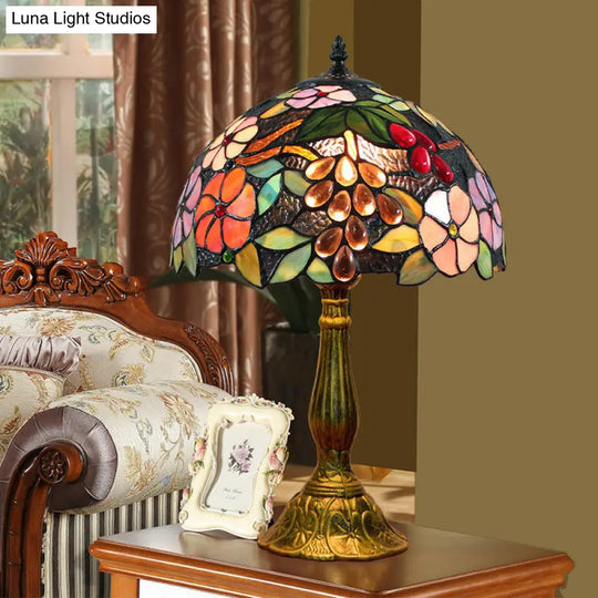 Tiffany Stained Glass Nightstand Lamp With Flower And Grape Pattern