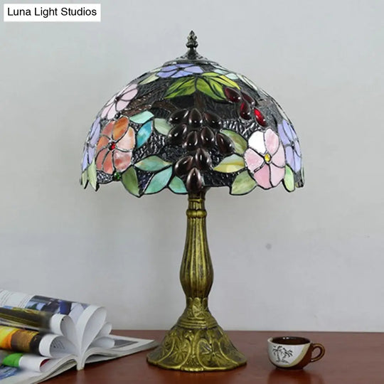 Tiffany Stained Glass Nightstand Lamp With Flower And Grape Pattern