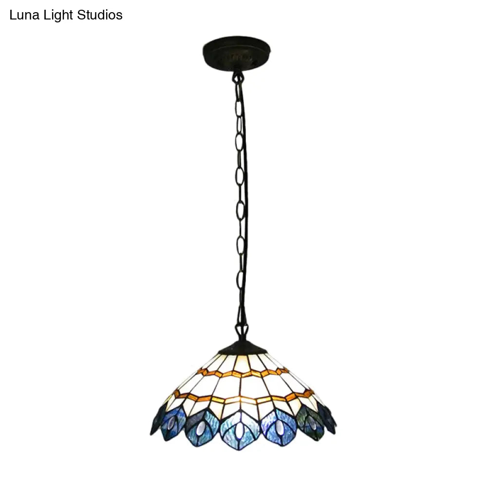 Tiffany Stained Glass Peacock Pendant Lamp - 1 Light Suspension For Dining Room