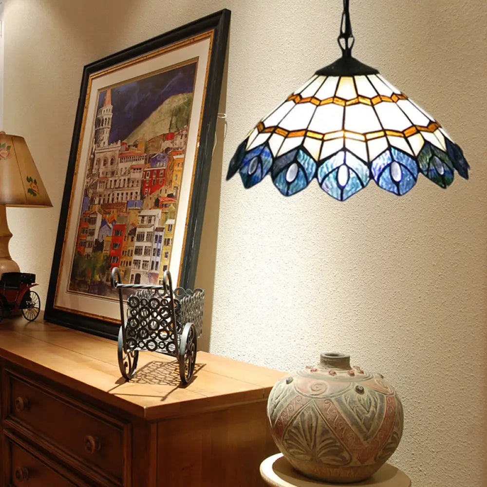 Tiffany Stained Glass Peacock Pendant Lamp - 1 Light Suspension For Dining Room Blue