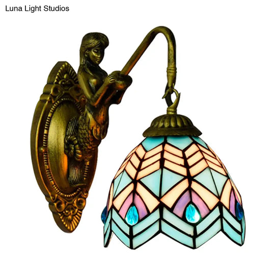 Tiffany Stained Glass Peacock Tail Sconce Light - Multicolor 1 Head Antique Brass