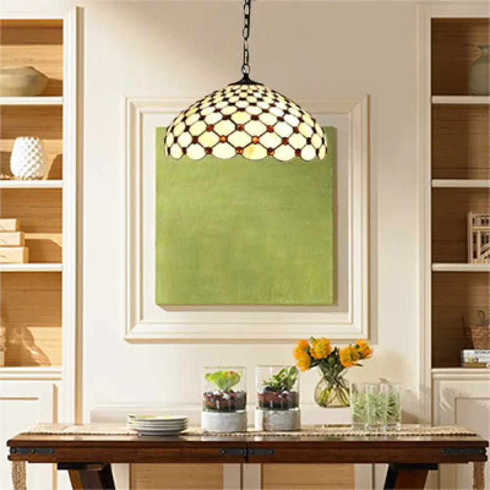 Tiffany Stained Glass Pendant Lamp With Jeweled Design - 2 Lights Ideal For Dining Room White
