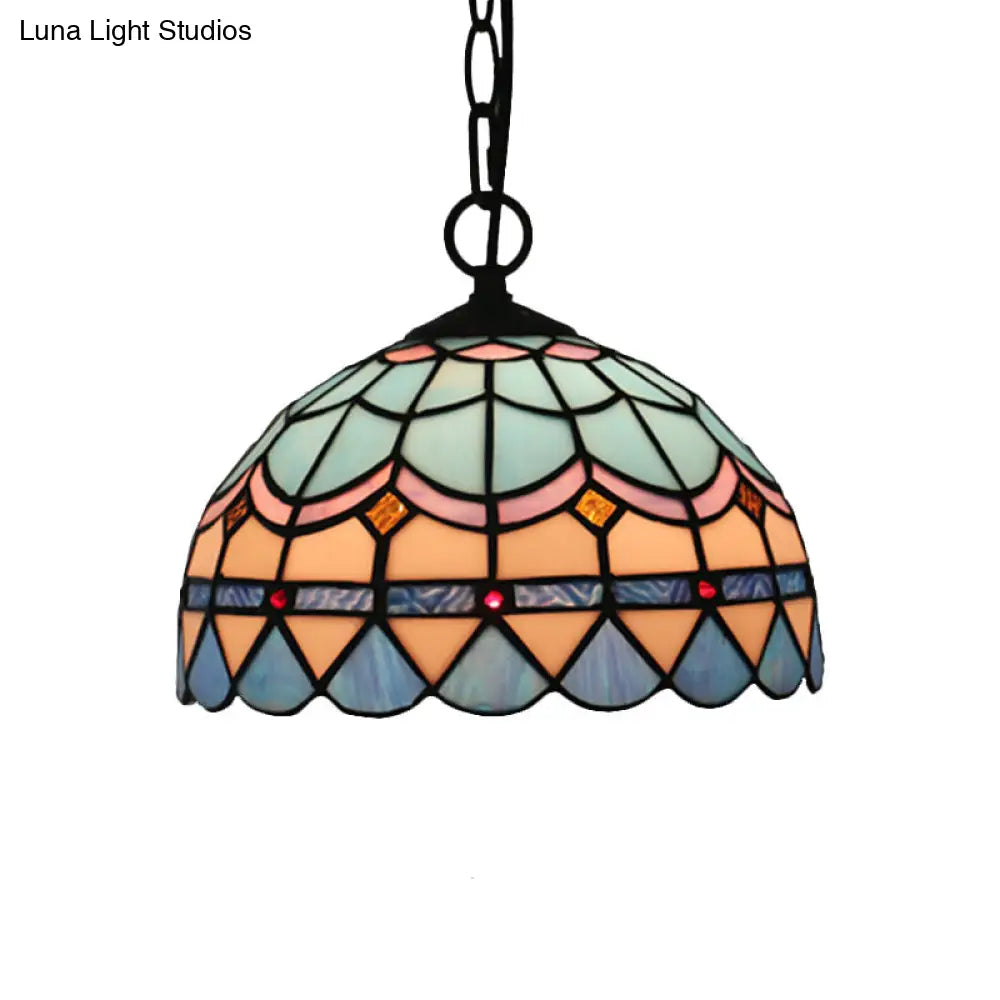 Tiffany Stained Glass Suspension Lamp: Lattice Bowl Pendulum Light - 1-Light Blue For Dining Room