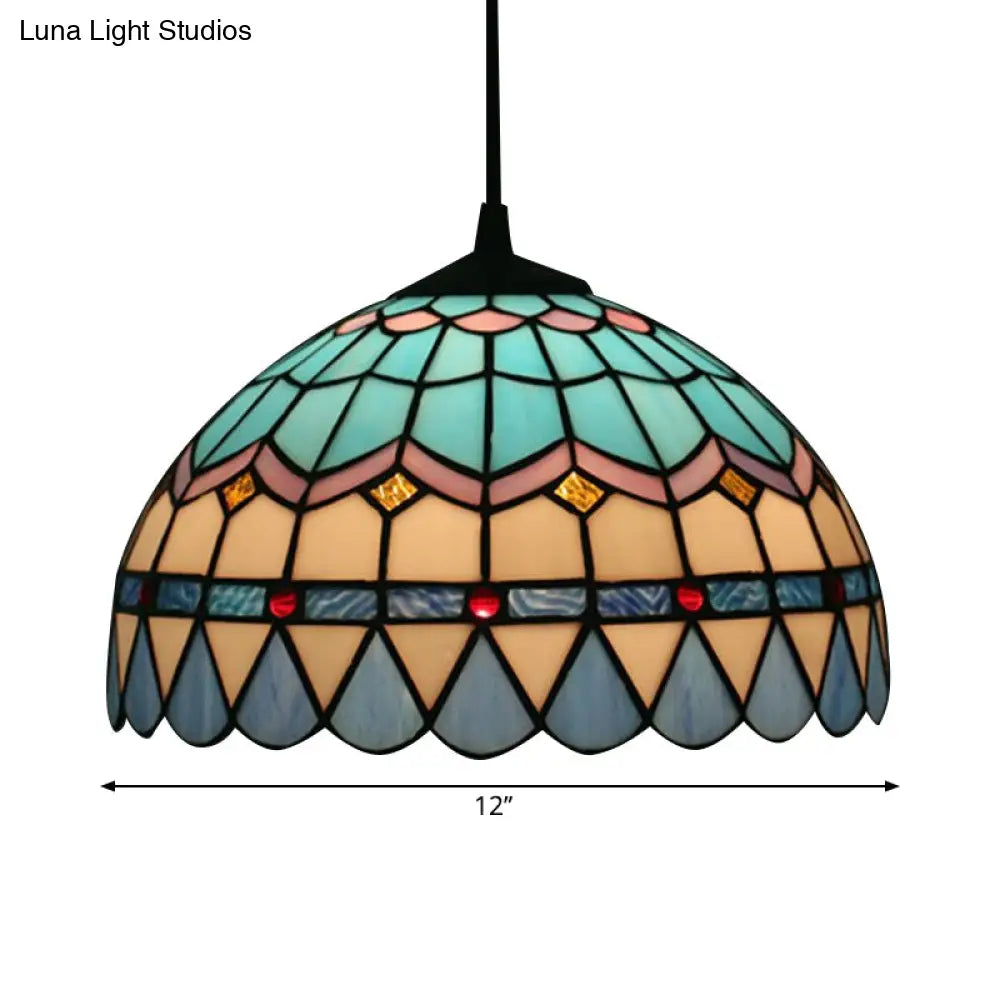 Tiffany Stained Glass Pendant Light - Lattice Bowl Design 1-Light Blue Suspension Lamp For Dining