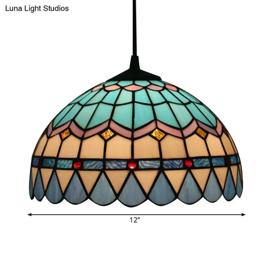 Tiffany Stained Glass Pendant Light - Lattice Bowl Design 1-Light Blue Suspension Lamp For Dining