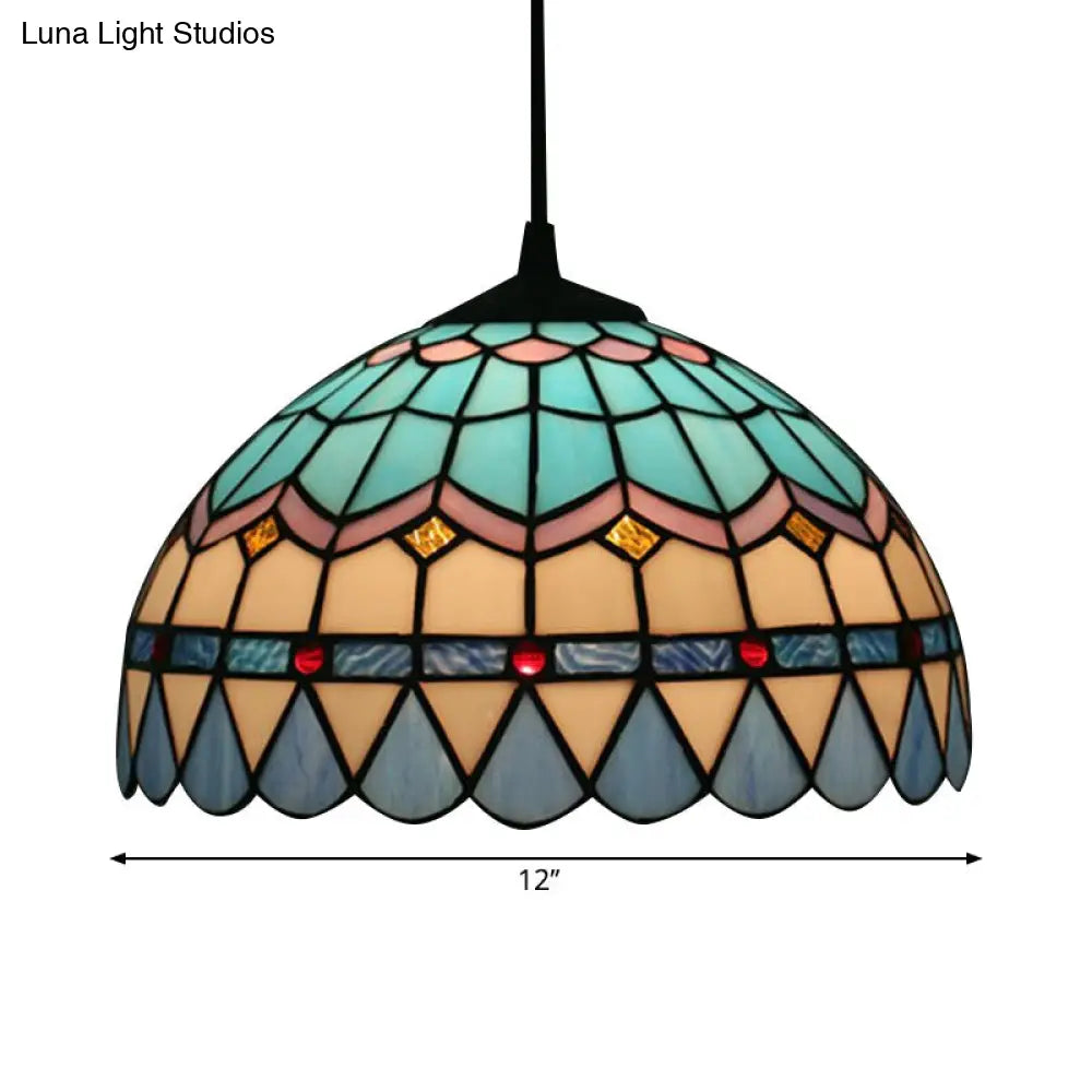 Tiffany Stained Glass Suspension Lamp: Lattice Bowl Pendulum Light - 1-Light Blue For Dining Room